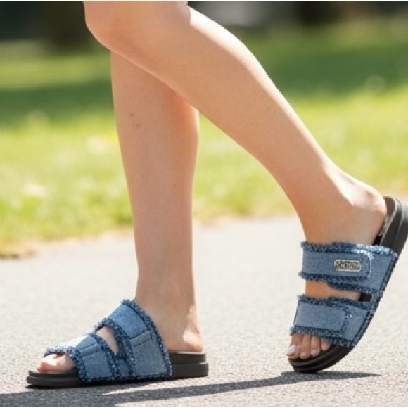 Guess Blue Denim Frayed Slide Sandals - Picture 3 of 13